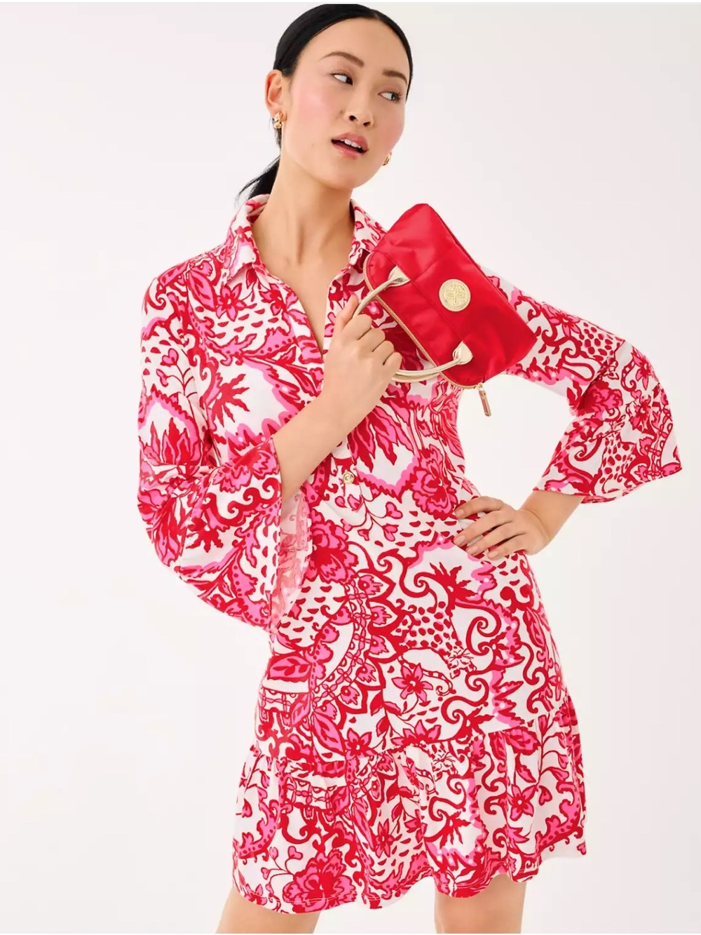 Lilly Pulitzer Delany Shirtdress Pink and Red Paisley Print Size Large